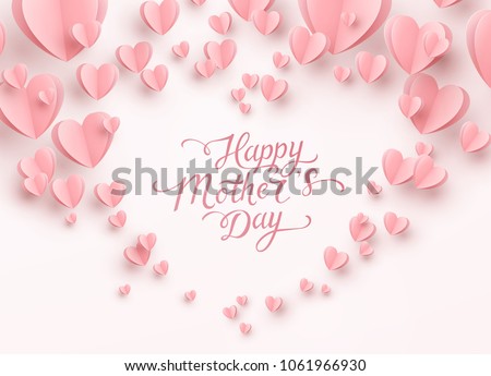 Mother postcard with paper flying elements on white background. Vector symbols of love in shape of heart for Happy Mother's Day greeting card design.