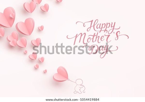 Mother postcard with\
paper flying elements, man and balloon on pink background. Vector\
symbols of love in shape of heart for Happy Mother\'s Day greeting\
card design.