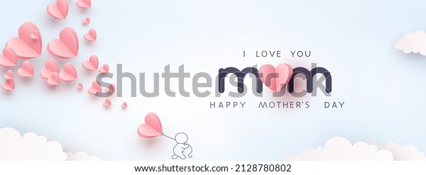 Mother postcard with\
paper flying elements, man and balloon on blue sky background.\
Vector symbols of love in shape of heart for Happy Mother\'s Day\
greeting card design