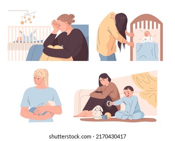 Mother in postpartum depression with a newborn baby. Set