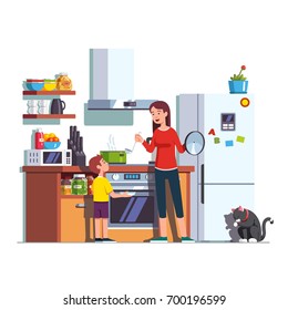 Mother pouring freshly cooked soup in pot with ladle into bowl that son is holding. Woman feeding kid. Mom and child at home kitchen interior with cooktop, oven, fridge. Flat vector illustration.