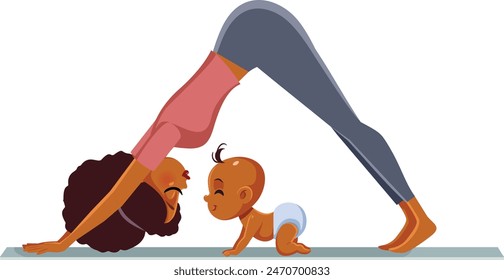 
Mother Practicing Yoga with Baby Vector Cartoon Illustration. Cheerful sporty mom exercising at home while babysitting 
