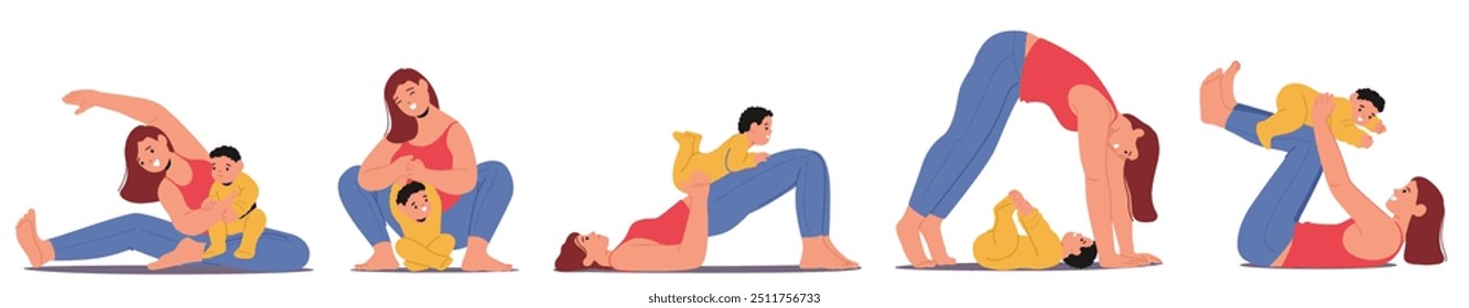 Mother Practicing Yoga With Her Baby In Various Poses. Image Showcases Bonding, Fitness, And Health. Perfect For Concepts Related To Family Activities, Parent-child Interaction, And Healthy Lifestyles