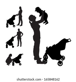 Mother with pram Silhouette Vector Illustration