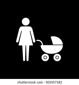 Mother with pram stroller vector icon, white on black