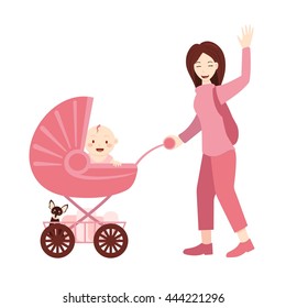 Mother with a pram. Woman waving and smiling. The baby, dog and shopping in carriage. Vector illustration.