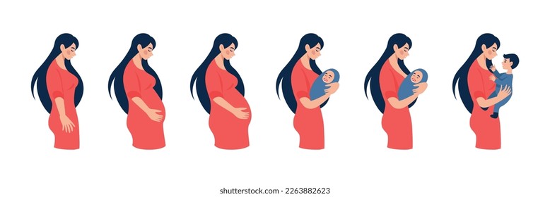 Mother pregnancy. Baby birth and motherhood. Process stages. Woman health. Child in belly. Health and nurse. Pregnant female body. Milk information. Vector tidy illustration collection