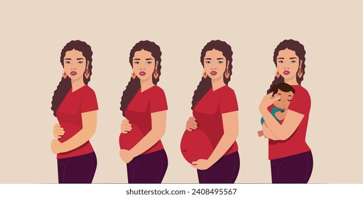 Embarazo de madre. Nacimiento y maternidad. Fases de proceso. Salud de la mujer. Niño en el vientre. Salud y enfermería. Cuerpo femenino embarazada. Atención prenatal. Información de la leche. Colección de ilustraciones de vectores