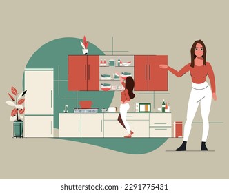 La madre prepara y organiza la nueva cocina