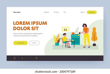 Mother preparing breakfast for little son. Healthy food, tea, mom flat vector illustration. Parenthood and nutrition concept for banner, website design or landing web page