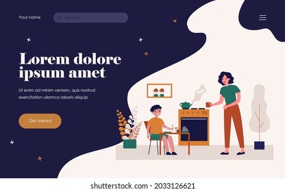 Mother preparing breakfast for little son. Healthy food, tea, mom flat vector illustration. Parenthood and nutrition concept for banner, website design or landing web page