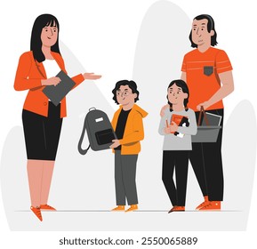Mãe preparando deixar as crianças na escola e deslocando-se para o trabalho, Ilustração de vetor, Vetores abstratos