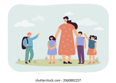 Mother with preschool children and schoolboy standing together. Boy going to school for first time flat vector illustration. Elementary school concept for banner, website design or landing web page