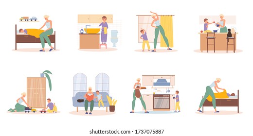 Mother Preschool Son Daily Activities Scene Set. Everyday Mom Wake-up, Training, Reading Story, Cooking, Get To Bed Boy. Child Sleep, Having Hygiene Procedure, Eating Breakfast Dinner, Playing Toy Car