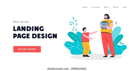 Mother presenting gold fish to son. Female character holding aquarium with fish, giving it to happy cheering boy. Present, domestic animals concept for banner, website design, landing web page