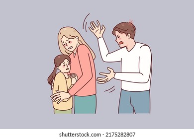 Mother Protect Child From Aggressive Father. Woman Hide Kid From Authoritarian Husband. Family Conflict And Domestic Violence Problem. Vector Illustration.