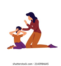 Mother protecting scared son with hands semi flat color vector characters. Posing figures. Full body people on white. Simple cartoon style illustration for web graphic design and animation