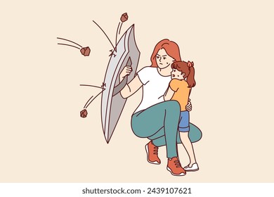 Mother protects little daughter from flying stones using steel shield, demonstrating courage and dedication in raising children. Caring mother saves frightened girl from attacks of others