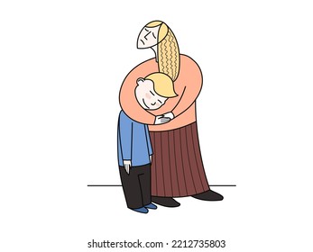 The mother is proud her son despite the opinions people   hugs the boy  protecting him  Flat graphic vector illustration isolated white background 
