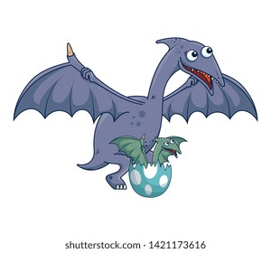 mother Pterodactyl with baby breaking the shell egg