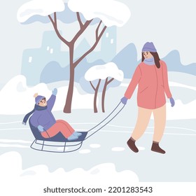 Mother pulling her son on the sleigh. Boy on the sledge. Winter activity. Flat vector illustration.