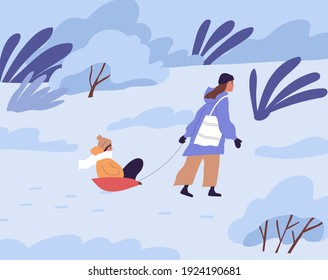 Mother pulling sled with her child in winter park. Woman walking with her kid in sleigh in cold and freezing weather. Colored flat vector illustration of people s activity in wintertime