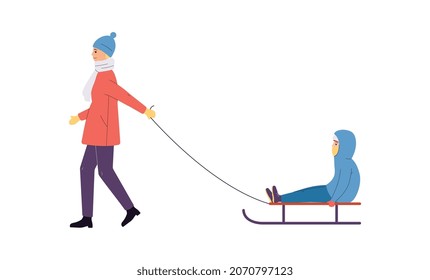 Mother pulling sledge with child, flat vector illustration isolated on white background. Family winter fun and outdoor leisure during winter and Christmas vacation.