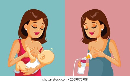 Mother Pumping and Breastfeeding Her Baby Vector Cartoon. Mom feeding her baby nursing or storing her milk for later 
