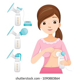 Mother Pumping Her Breast With Automatic Breast Pump. Breast Pump Se, Mother's day, Suckling, Infant, Motherhood, Innocence