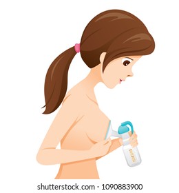 Mother Pumping Her Breast With Manual Breast Pump, Side View, Mother's day, Suckling, Infant, Motherhood, Innocence