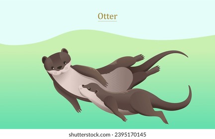 Mother and pup otters element isolated on light blue and green background.