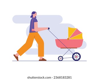 A mother in a purple t-shirt is walking while pushing a newborn baby stroller with a slingbag. Character design. Vector flat illustration