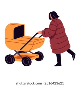 Mãe empurra carrinho de bebê, vai com charrete para recém-nascidos. O pai leva a criança com o carrinho de bebê. Mulher em roupas de inverno carrinhos criança no carrinho. Ilustração de vetor isolado plano sobre fundo branco