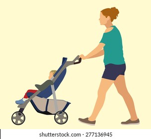 Mother Pushing Baby In Stroller