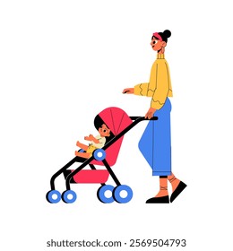 Mother Pushing Baby In A Stroller In Flat Vector Illustration Symbolizing Parenthood, Care, And Mobility, Isolated On White Background.