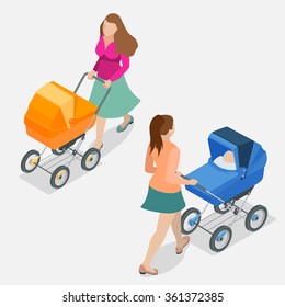 Mother pushing a baby stroller isolated against background. Isometric vector illustration