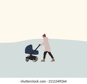 Mother pushing a baby stroller on sunny winter park, childcare and love. Concept of motherhood. Vector illustration.