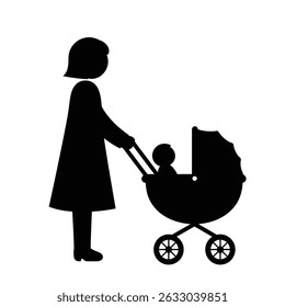 Mother pushing baby stroller simple silhouette