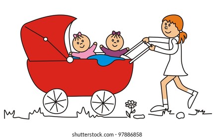 mother pushing baby stroller stroller, vector illustration, cartoon, two children