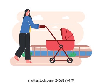 Mother pushing baby stroller walking outdoors, looking at the view. Character design. Vector flat illustration