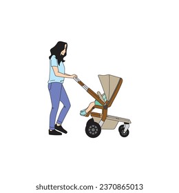 a mother pushing her baby with a trolley