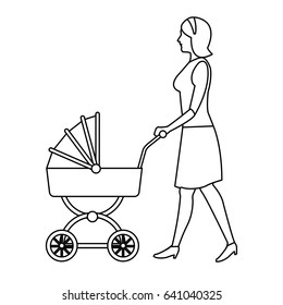 mother pushing pink baby carriage outline