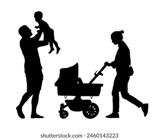 Mother pushing stroller and father lifting child vector silhouettes. Happy family going outdoors black silhouette.