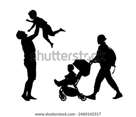 Mother pushing stroller and father lifting up child in air vector silhouette. Couple pushing stroller and holding baby black silhouette.	