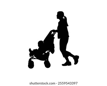 Mother Pushing Stroller icon vector. Mother Pushing Stroller Silhouette isolated white background. Vector Illustration