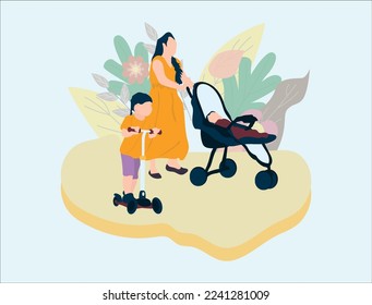 Mother pushing stroller and son playing scooter in park