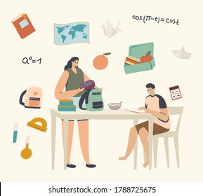 Mother Put Lunch Box Into Son Rucksack. Boy Making Homework Sitting At Table. Family Characters Mom And Student Prepare For School Lessons, Gaining Knowledge. Linear People Vector Illustration