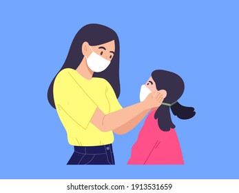 Mother put mask on her daughter's face to prevent COVID-19 and pollution. Flat vector illustration character. Health care during virus epidemic. Kid's respiratory protection. Child care.