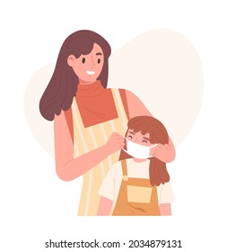 Mother Put Protective Face Mask On Daughter's Face Before Going Outside To Prevent COVID-19 Virus. Concept Of Prevention, Virus Epidemic, Health Care, Family Love. Flat Vector Illustration Character.