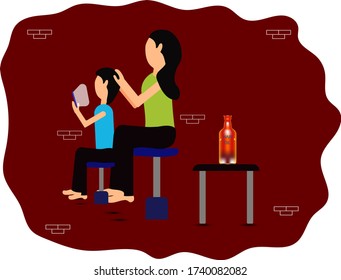 mother puts hair oil on her child head from home. vector illustration